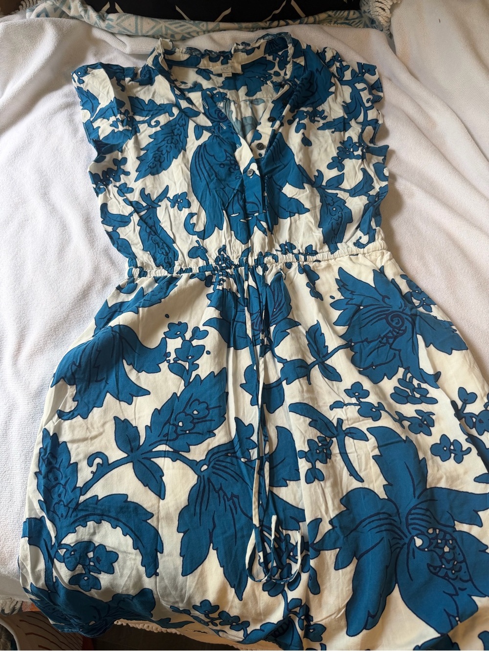 LOFT Cream Mini Dress with Bold Blue Floral Print